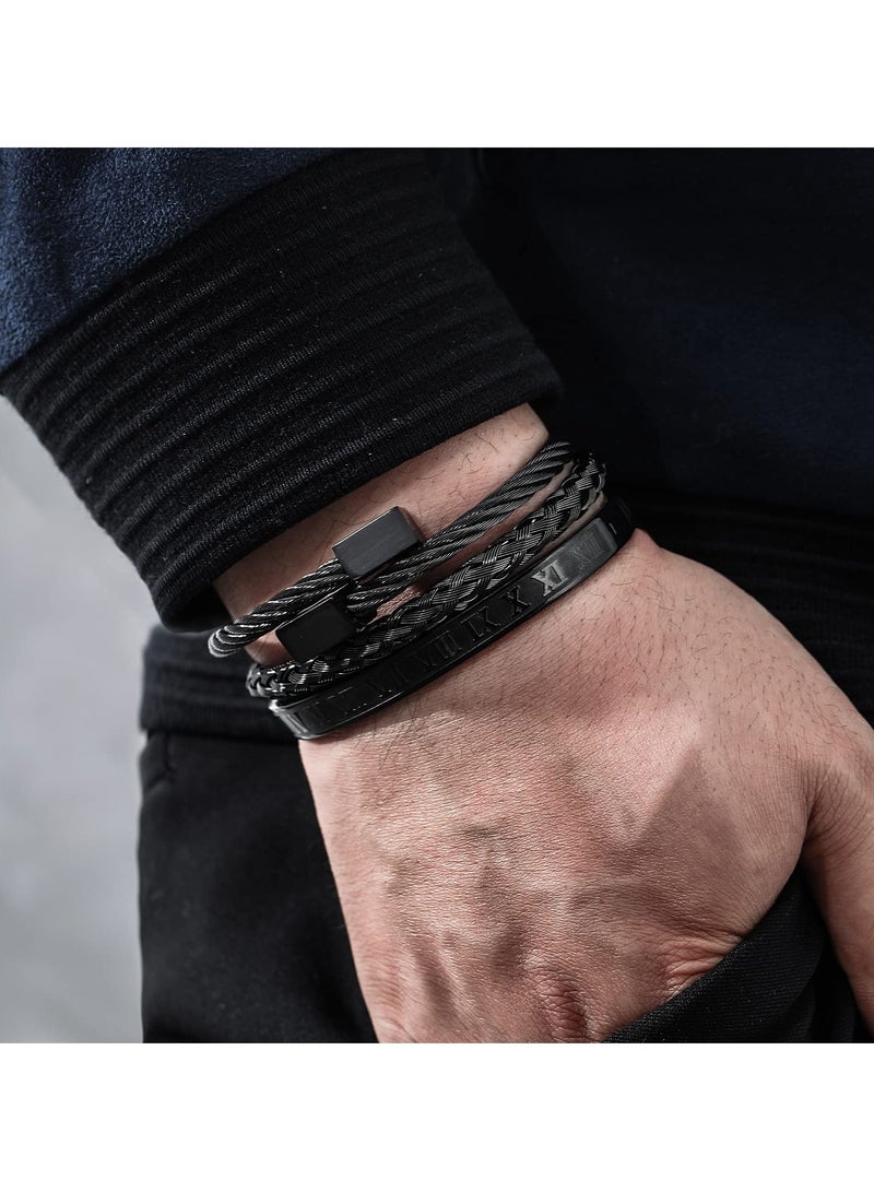 Excefore Stainless Steel Bracelets for Men Gold Roman Numeral Bangle Bracelet Twisted Cable Bracelet Adjustable Cuff Bracelet Mens Luxury Jewelry Bracelets Gifts 3PCS - Image 3