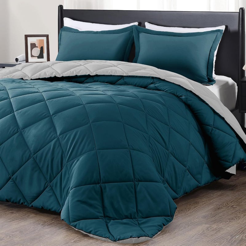 downluxe Queen Comforter Set - Green and Grey Queen Comforter, Soft Bedding Sets for All Seasons -3 Pieces - 1 Comforter (88"x92") and 2 Pillow Shams(20"x26") - Image 1