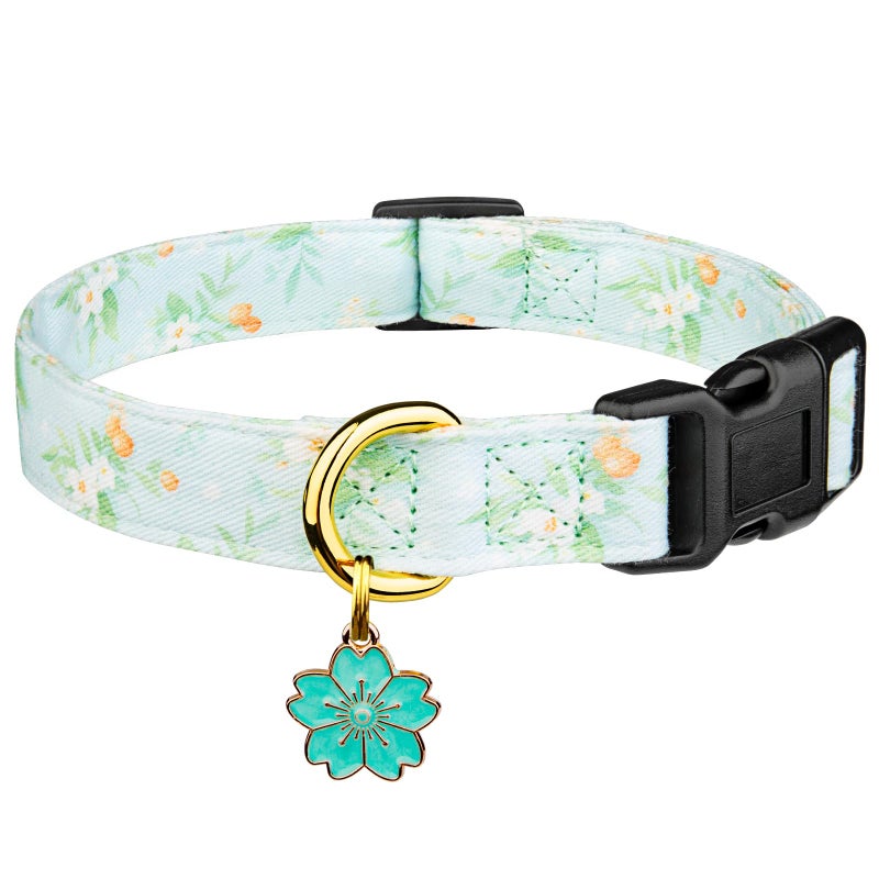 FYEQYAOU Cotton Handmade Dog Collar Cute and Distinctive Patterns Light Green Flower with Pendant for Girl Boy Dogs Collars S - Image 1