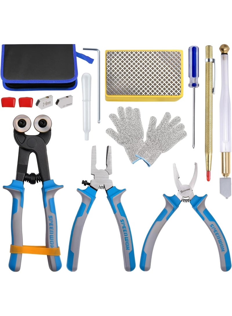 GGOOT 14Pcs Premium Glass Running Breaking Pliers and Class Cutter Tools Kit Breaker Grozer Pliers Heavy Duty Glasses Cutting Tool with Rubber Tip Work Great for Stained Glasses, Tiles, Mosaic - Image 1