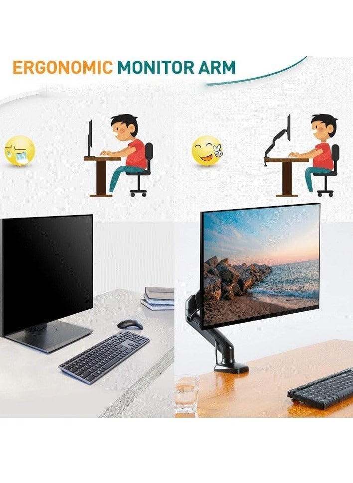 JAJEEK Single Monitor Arm for 13-32 Inch Monitors, Gas Spring Arm with 360° Rotation, VESA 75x75/100x100mm, C-Clamp & Grommet Base, Adjustable Stand for Monitors up to 8KG  - Image 3