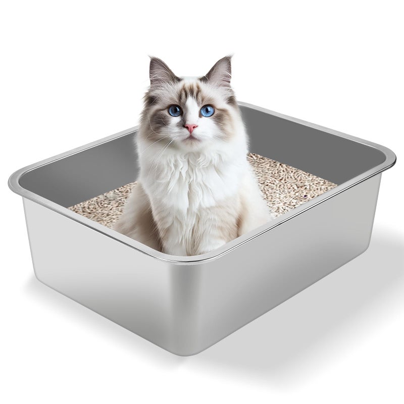 GIUOIDUO Stainless Steel Cat Litter Box - Metal High Sided Cat Pan, Large Stainless Steel Box, Indoor Litter Tray, Non Stick, No Smell, Easy-Clean Design for Hygienic Pet Care â€“ Large Size for All Cats - Image 1
