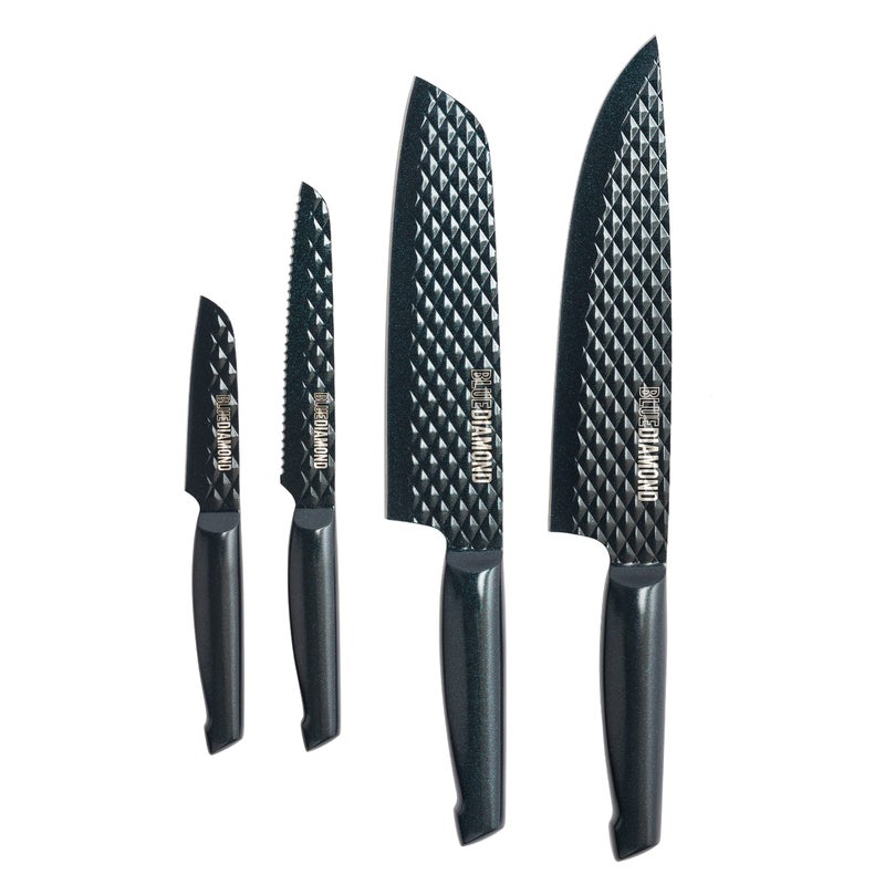 Blue Diamond Sharp Stone Nonstick Stainless Steel Cutlery 4 Piece Set including Chef Santoku Serrated and Pairing Knives with Covers Diamond Texture Blade Dishwasher Safe Blue