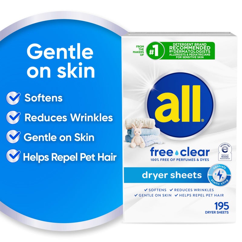all Fabric Softener Dryer Sheets for Sensitive Skin, Free Clear, 195 Count - Image 5