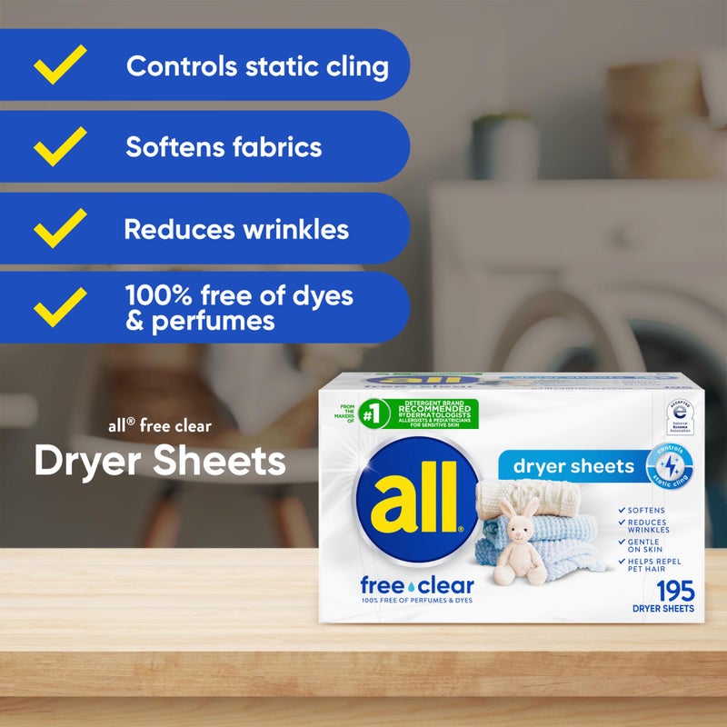 all Fabric Softener Dryer Sheets for Sensitive Skin, Free Clear, 195 Count - Image 2