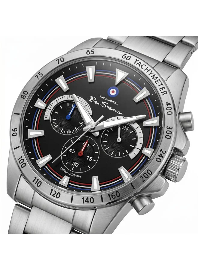 بين شيرمان Liverpool  Black Dial Stainless Steel Bracelet Chronograph Watch for Men, 44mm