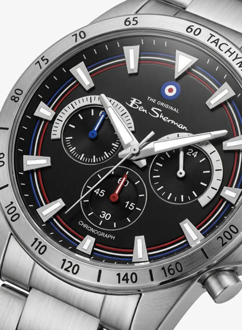 بين شيرمان Liverpool  Black Dial Stainless Steel Bracelet Chronograph Watch for Men, 44mm