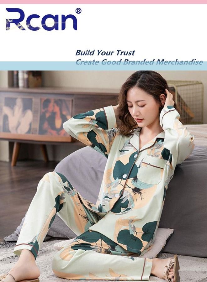 Rcan 2 Piece Set V Neck Ice Silk Satin Pajamas Printed Long Sleeve Cardigan Buttoned Sleepwear With Pockets Soft Breathable Wearable Casual Nightgown Pants Set for Women - Image 3
