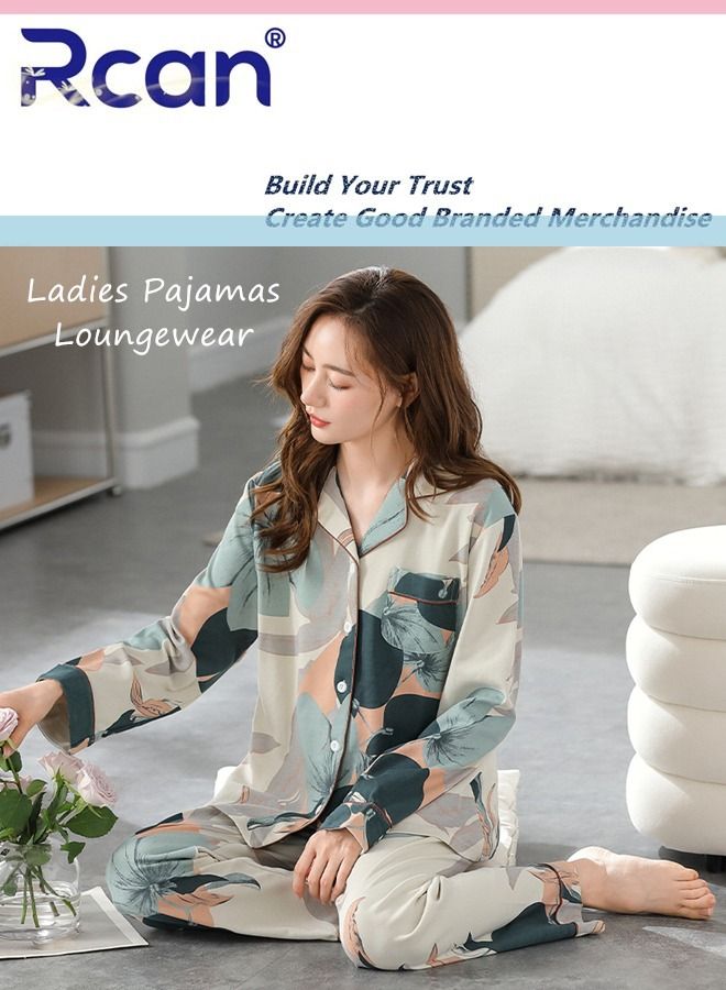 Rcan 2 Piece Set V Neck Ice Silk Satin Pajamas Printed Long Sleeve Cardigan Buttoned Sleepwear With Pockets Soft Breathable Wearable Casual Nightgown Pants Set for Women - Image 1