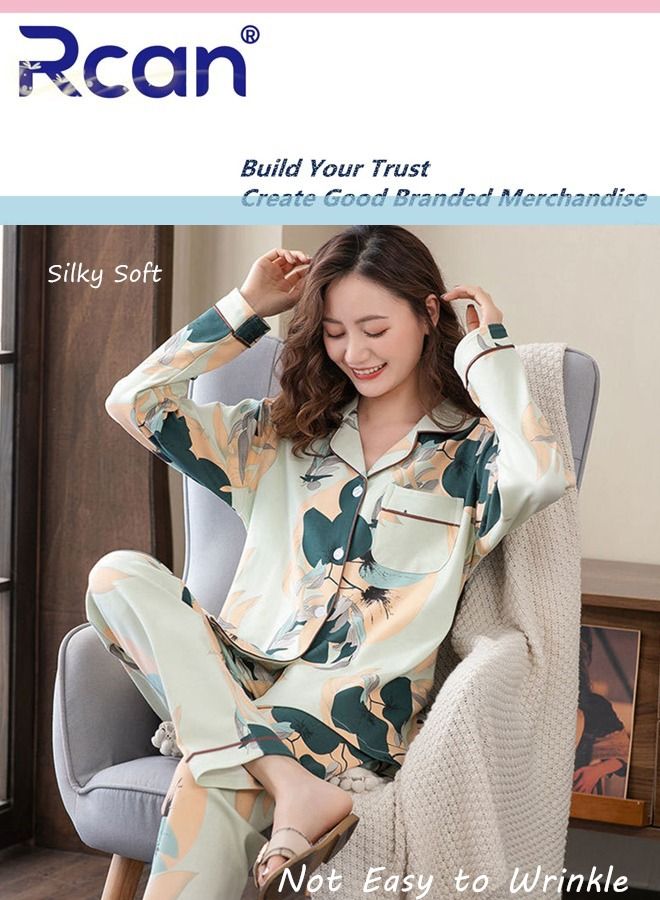 Rcan 2 Piece Set V Neck Ice Silk Satin Pajamas Printed Long Sleeve Cardigan Buttoned Sleepwear With Pockets Soft Breathable Wearable Casual Nightgown Pants Set for Women - Image 2