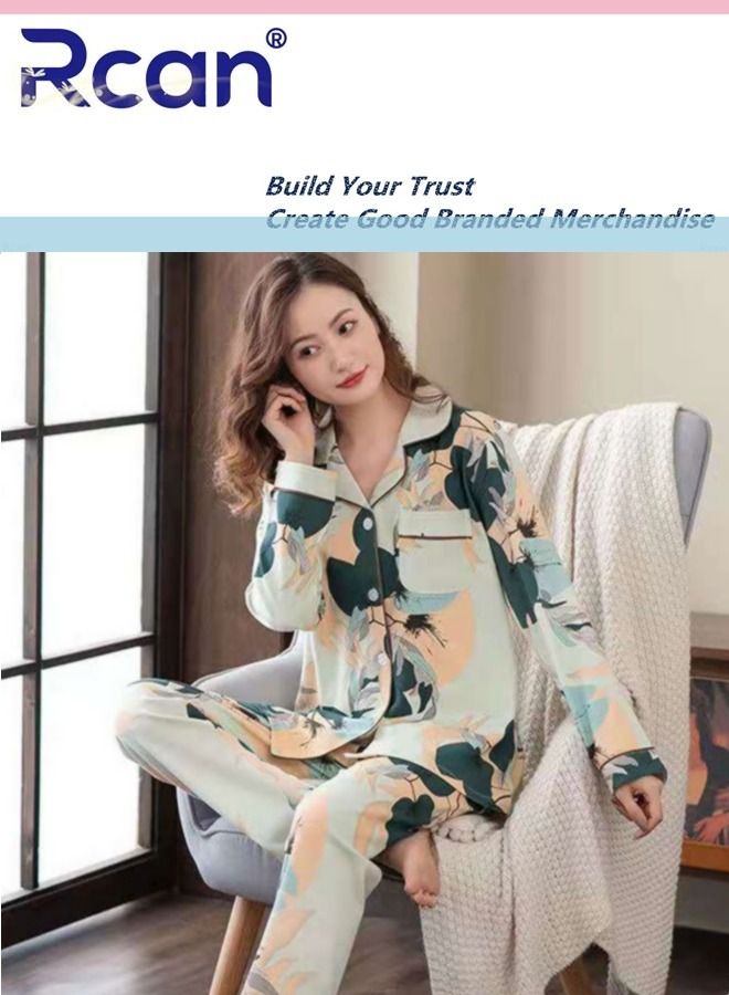 Rcan 2 Piece Set V Neck Ice Silk Satin Pajamas Printed Long Sleeve Cardigan Buttoned Sleepwear With Pockets Soft Breathable Wearable Casual Nightgown Pants Set for Women - Image 5