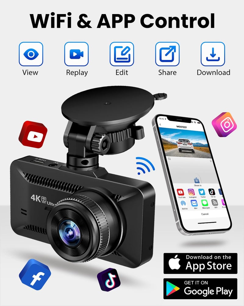 SUVCON Dash Cam Front and Rear 4K/1080P, Dash Camera for Cars Build in WiFi, Full HD Dash Cam with APP Control, 3.94'' IPS Screen Dash Camera with 32GB SD Card, G-Sensor, 24Hr Parking Mote, Loop Recording - Image 3