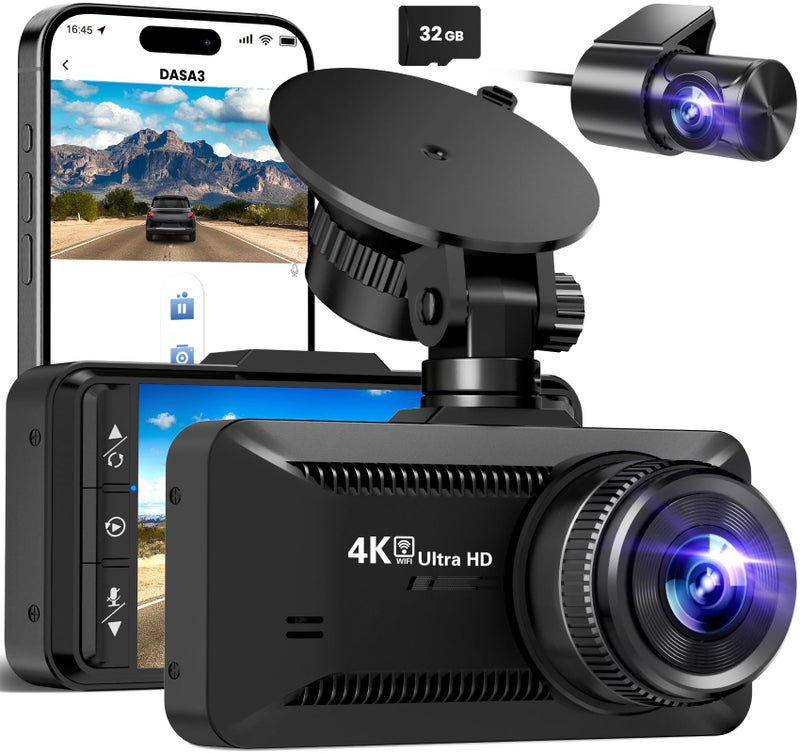 SUVCON Dash Cam Front and Rear 4K/1080P, Dash Camera for Cars Build in WiFi, Full HD Dash Cam with APP Control, 3.94'' IPS Screen Dash Camera with 32GB SD Card, G-Sensor, 24Hr Parking Mote, Loop Recording - Image 1