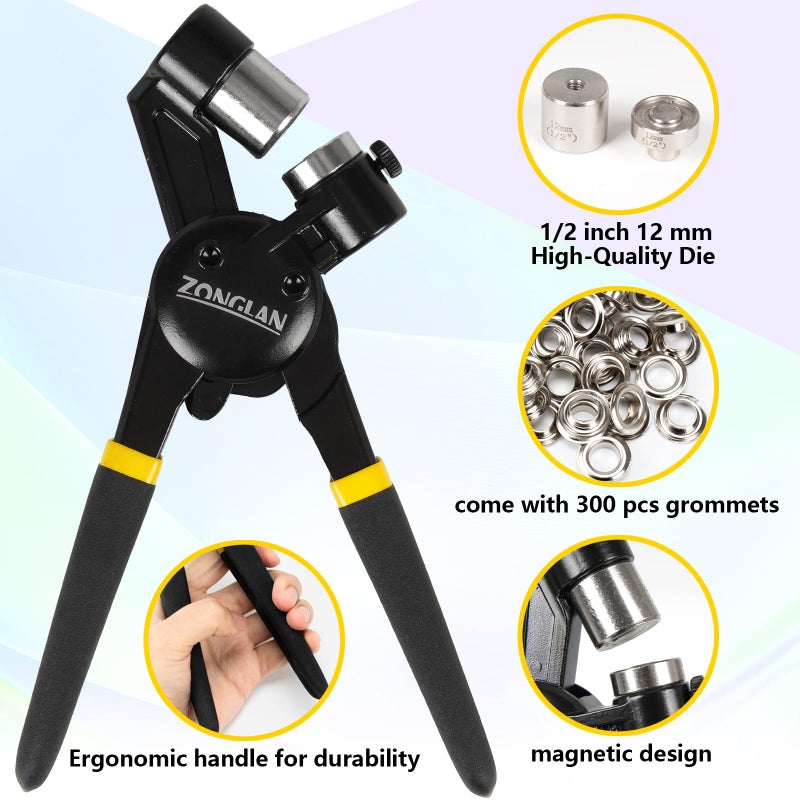 zonglan Heavy Duty Grommet Tool Kit with 1/2 Inch Die and 300 Sets of 12MM Grommets,Handheld Manual Eyelet Tool Rivet Press Punch Pliers for Leather Canvas Fabric - Image 3