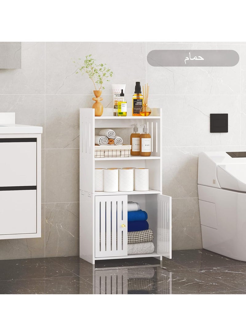 نوايوو خزانة حمام مقاومة للماء مكونة من 4 طبقات، خزانة تخزين حمام قائمة بذاتها مع 3 أرفف تخزين مفتوحة وباب مزدوج، منظم تخزين للمنزل - Image 2