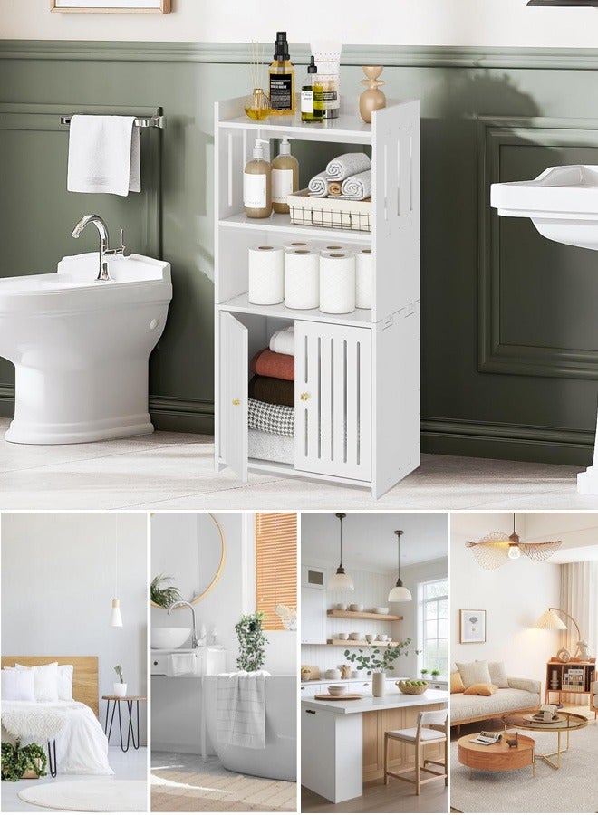 نوايوو خزانة حمام مقاومة للماء مكونة من 4 طبقات، خزانة تخزين حمام قائمة بذاتها مع 3 أرفف تخزين مفتوحة وباب مزدوج، منظم تخزين للمنزل - Image 1