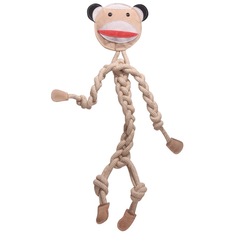 HuggleHounds Natural Rope Knottie Leather Dog Toys for Aggressive Chewers All Natural Cotton Interactive Leather Toy for Small or Large Dog Breeds Tough Durable Chew Toy Stuey Sock Monkey - Image 2