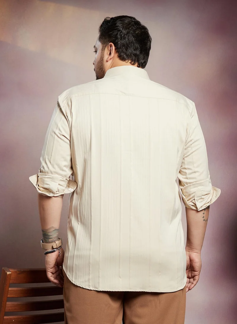 Instafab Plus  Men's Ecru Beige Unbalanced-Ridge Relaxed Shirt For Casual Wear | Spread Collar | Long Cuffed Sleeves | Button Closure | Plus Size Shirt Crafted With Comfort Fit For Everyday Wear for Men | Best Price UAE