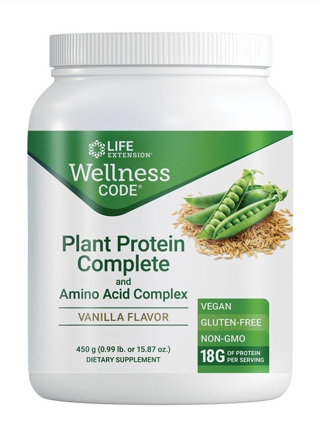 Life Extension Wellness Code® Plant Protein Complete & Amino Acid Complex (Vanilla), Plant-Based Protein Powder Plus branched-Chain Amino acids, Gluten-Free, Non-GMO, Vegetarian, 450 Grams - Image 1