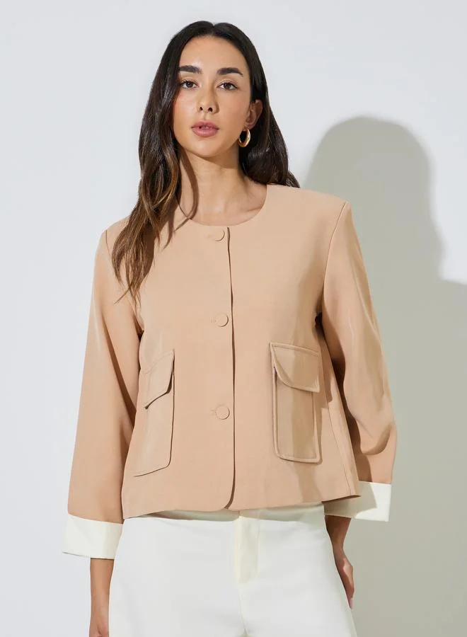 Styli Beige Beige Button-Front Blazer with Flap Pocket for Women | Best Price UAE