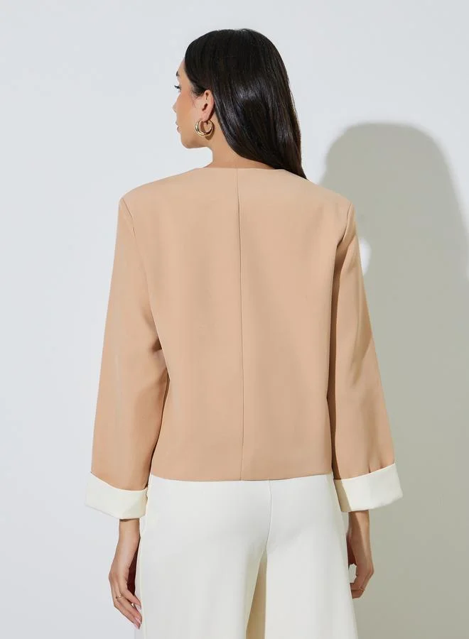 Styli Beige Beige Button-Front Blazer with Flap Pocket for Women | Best Price UAE
