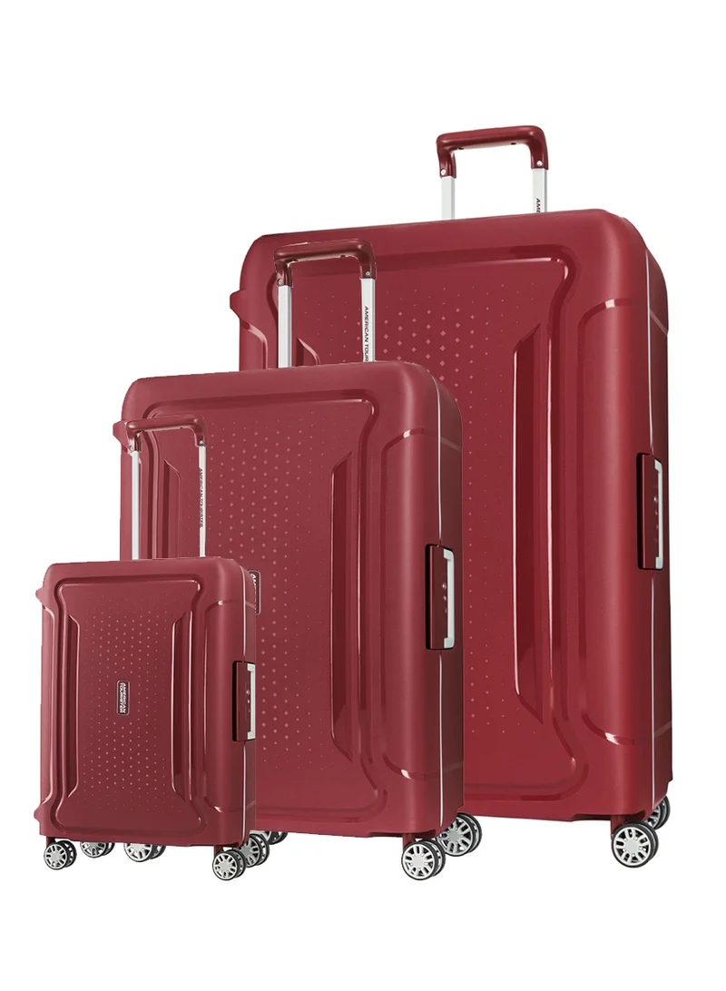 American Tourister Tribus Suitcase Set of 3, Cabin, Medium & Large (55 + 69 + 78 cm), 4 Spinner Wheels, Hard Top, Polypropylene, Red|Address Tag|Dual Tube Pull Handle|Scratch Resistant Texture|XtraSecu™ 3-Point Locking System - 3 Years Global Warranty