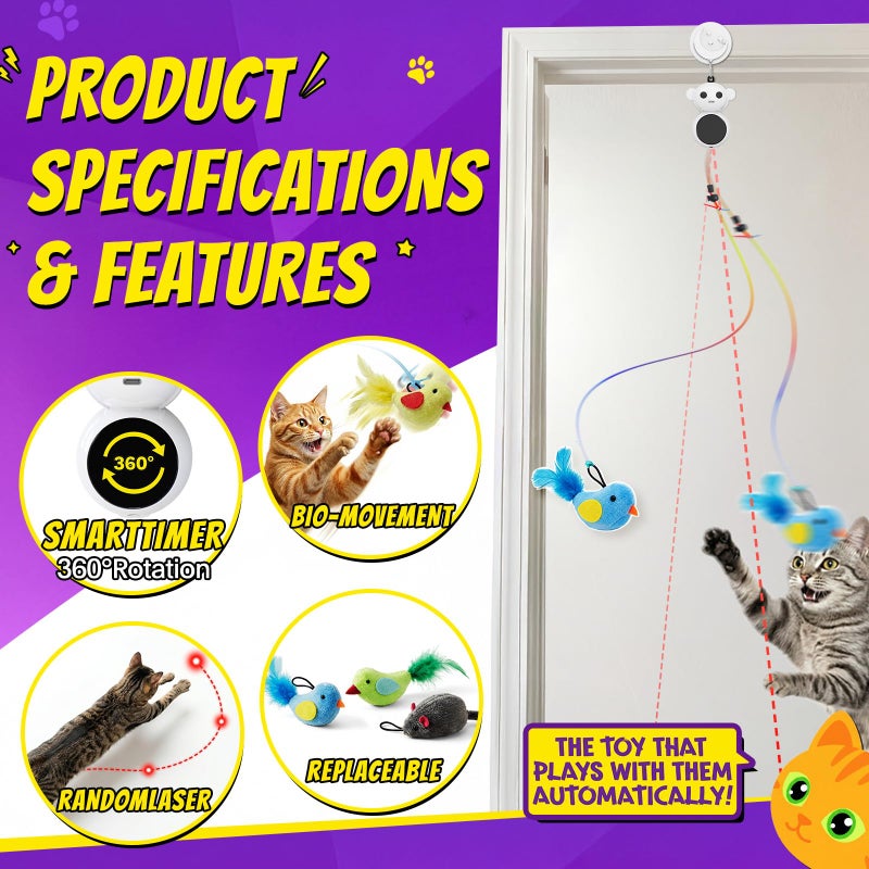 Catpick joy Interactive Cat Toys for Indoor Cats: 2 in 1 Laser Pointer Cat Toy with Automatic Flying Bird & Mouse Wand, Smart Motion Mode Adjustable Speed, USB Rechargeable Safe for Bored Kittens and Adult Cats - Image 3