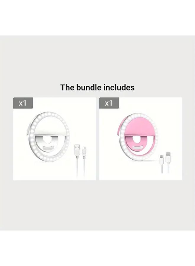 White Pink Rechargeable LED Ring Light for Selfies Live Streaming Portable Circular Flashlight Dual Power Mode Battery USB - Image 1