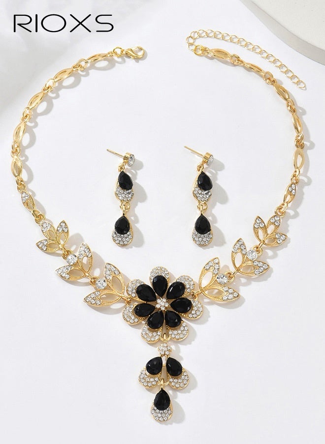 RIOXS Wedding Jewelry Sets for Brides, Rhinestone Necklace and Earring Set, Multi-colour Prom Jewelry Sets, Diamond Flower Teardrop Necklace for Women - Image 2