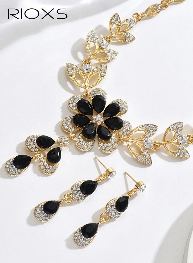 RIOXS Wedding Jewelry Sets for Brides, Rhinestone Necklace and Earring Set, Multi-colour Prom Jewelry Sets, Diamond Flower Teardrop Necklace for Women - Image 3
