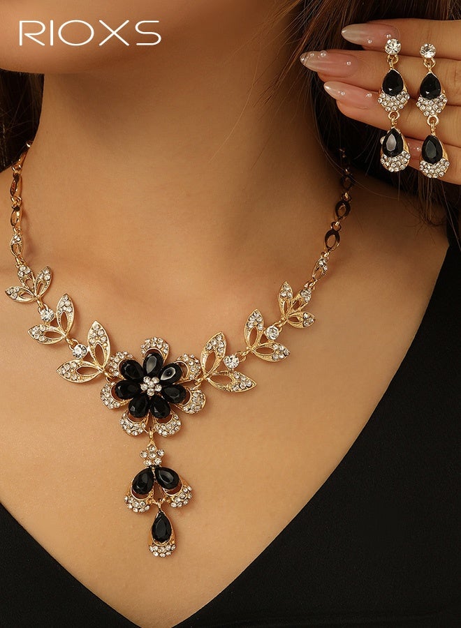 RIOXS Wedding Jewelry Sets for Brides, Rhinestone Necklace and Earring Set, Multi-colour Prom Jewelry Sets, Diamond Flower Teardrop Necklace for Women - Image 1