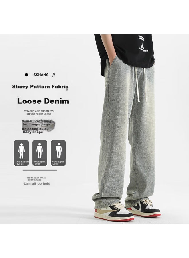 Homlean Retro Jeans Men Starry Sky Pattern Fashion All-match Loose Straight-leg Casual Trousers 8021 Mid Blue 2XL - Image 4