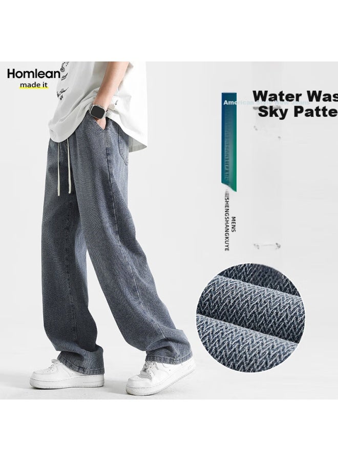Homlean Retro Jeans Men Starry Sky Pattern Fashion All-match Loose Straight-leg Casual Trousers 8021 Mid Blue 2XL - Image 1
