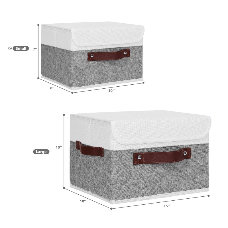 ANMINY Storage Boxes with Lids Washable Decorative Storage Bins Basket with PU Leather Handle Foldable Linen Fabric Storage Cubes Containers for Home Closet Organizer - Gray White, Small Size - Image 5