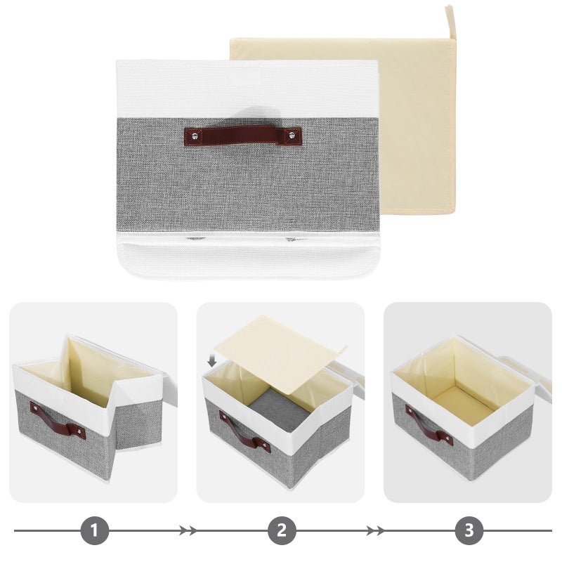 ANMINY Storage Boxes with Lids Washable Decorative Storage Bins Basket with PU Leather Handle Foldable Linen Fabric Storage Cubes Containers for Home Closet Organizer - Gray White, Small Size - Image 4