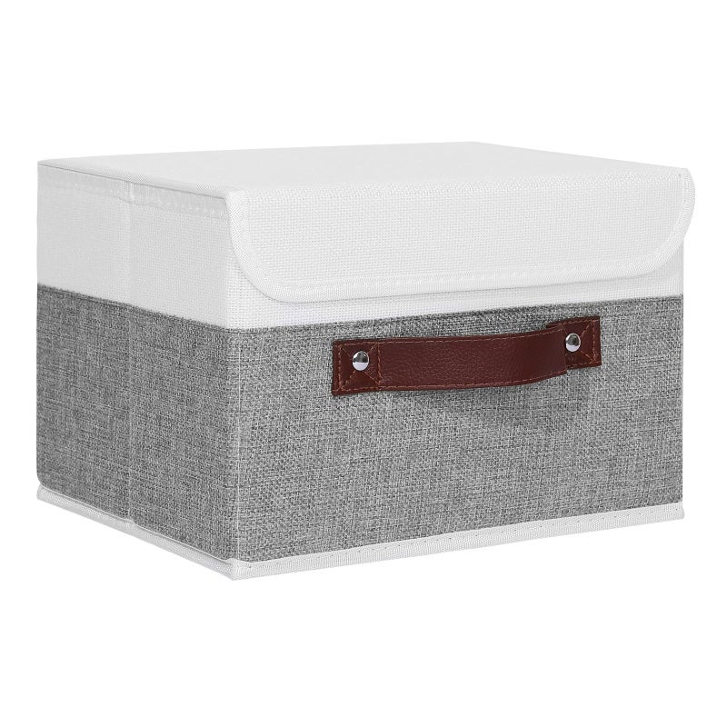 ANMINY Storage Boxes with Lids Washable Decorative Storage Bins Basket with PU Leather Handle Foldable Linen Fabric Storage Cubes Containers for Home Closet Organizer - Gray White, Small Size - Image 1