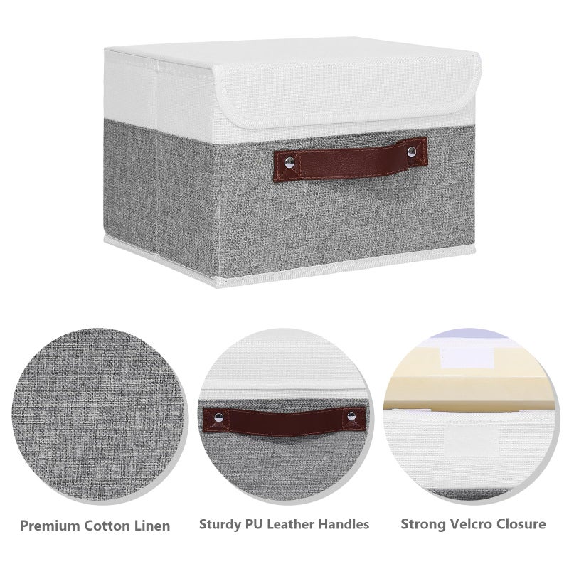 ANMINY Storage Boxes with Lids Washable Decorative Storage Bins Basket with PU Leather Handle Foldable Linen Fabric Storage Cubes Containers for Home Closet Organizer - Gray White, Small Size - Image 2