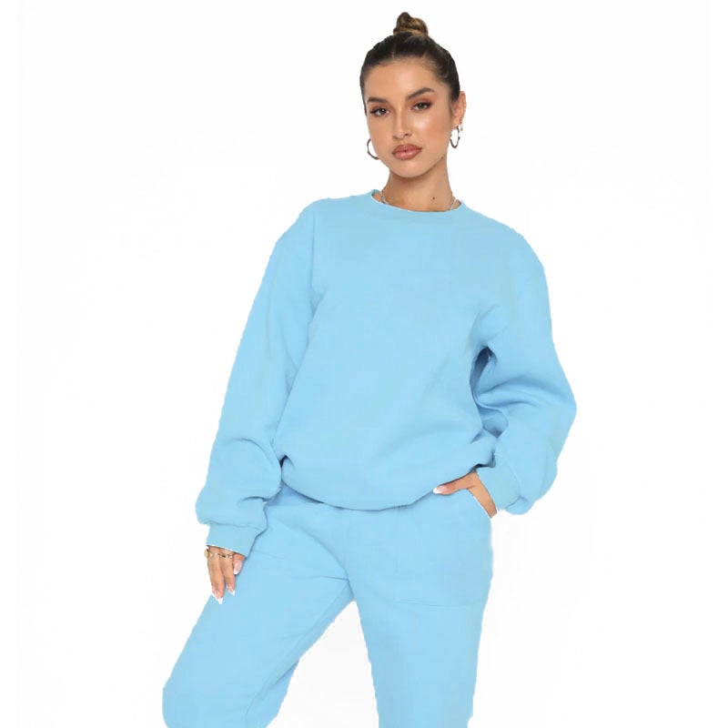 Autumn Winter Solid Velvet Crewneck Sweater Casual Pant Set Sky Blue  - Image 1