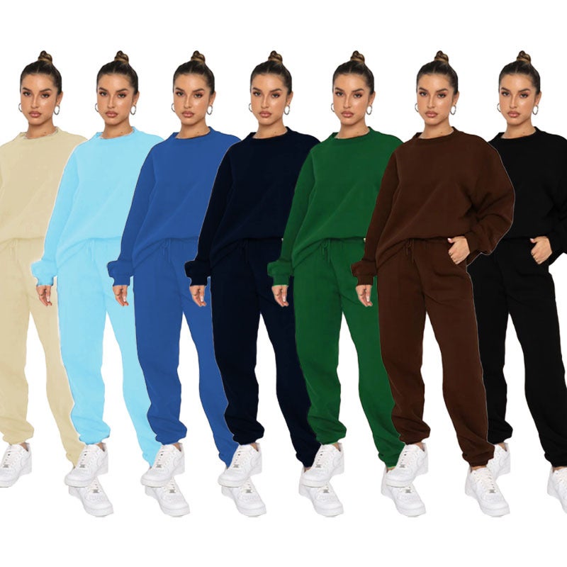 Autumn Winter Solid Velvet Crewneck Sweater Casual Pant Set Sky Blue  - Image 3