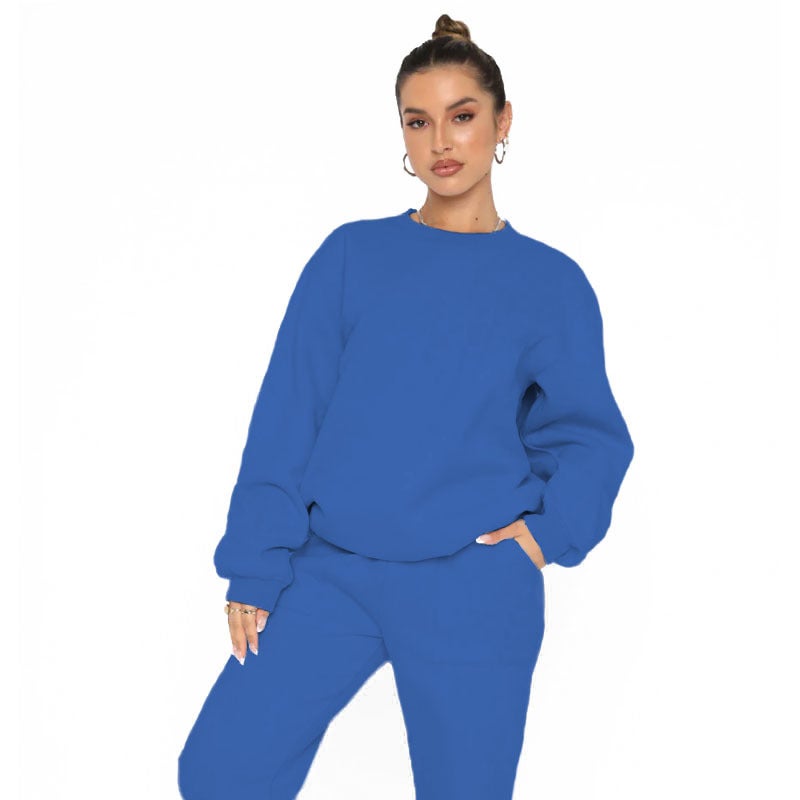Autumn Winter Solid Velvet Crewneck Sweater Casual Pant Set Sky Blue  - Image 2