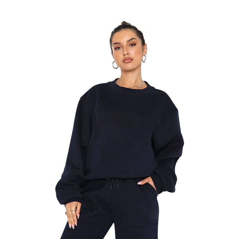Autumn Winter Solid Velvet Crewneck Sweater Casual Pant Set Sky Blue  - Image 4