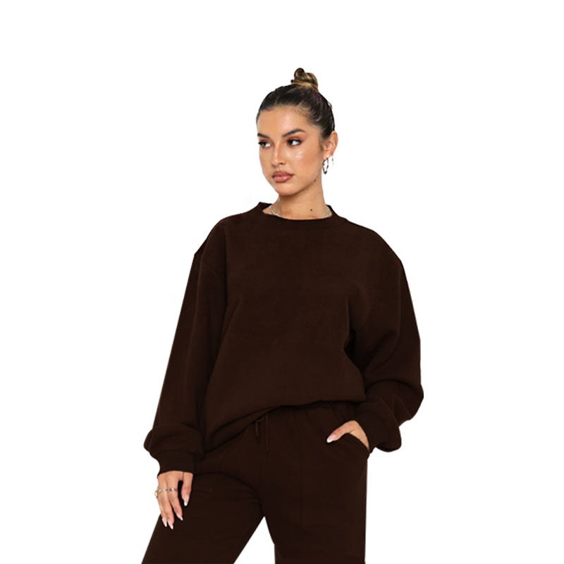 Autumn Winter Solid Velvet Crewneck Sweater Casual Pant Set Sky Blue  - Image 5