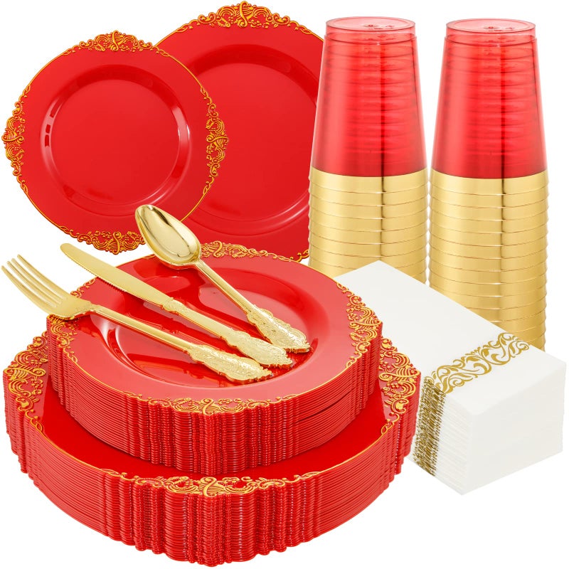 Morejoy 175PCS Red Plastic PlatesRed Disposable Plates With Gold RimRed and Gold Plastic Dinnerware Set Includes 50 Plates25 Silverware Sets25 Cups25 NapkinsPerfect for PartyWeddingChristmas - Image 2