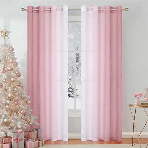 Purainbow Pink Ombre Chiffon Sheer Curtains 84 Inch Long for Living Room Bedroom Decor, Crinkle Gradient Semi Voile Grommet Top Window Curtain Drapes for Girls Room, Garden, Yard, Set of 2 Panels - Image 1