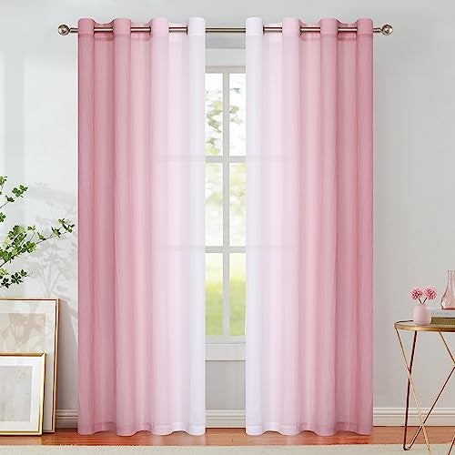 Purainbow Pink Ombre Chiffon Sheer Curtains 84 Inch Long for Living Room Bedroom Decor, Crinkle Gradient Semi Voile Grommet Top Window Curtain Drapes for Girls Room, Garden, Yard, Set of 2 Panels - Image 4