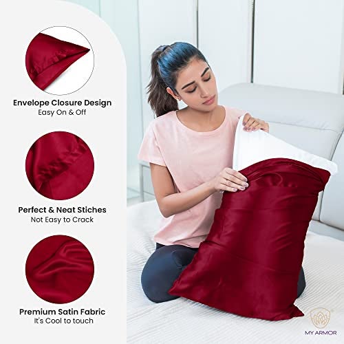 MY ARMOR Satin Pillow Covers for Hair | Anti-Frizz & Anti-Wrinkle Silk Pillow Cover for Hair & Skin | Gentle Cooling Fabric, 20x30 Inches | Zipper Closure | Pack of 2, Maroon - Image 5