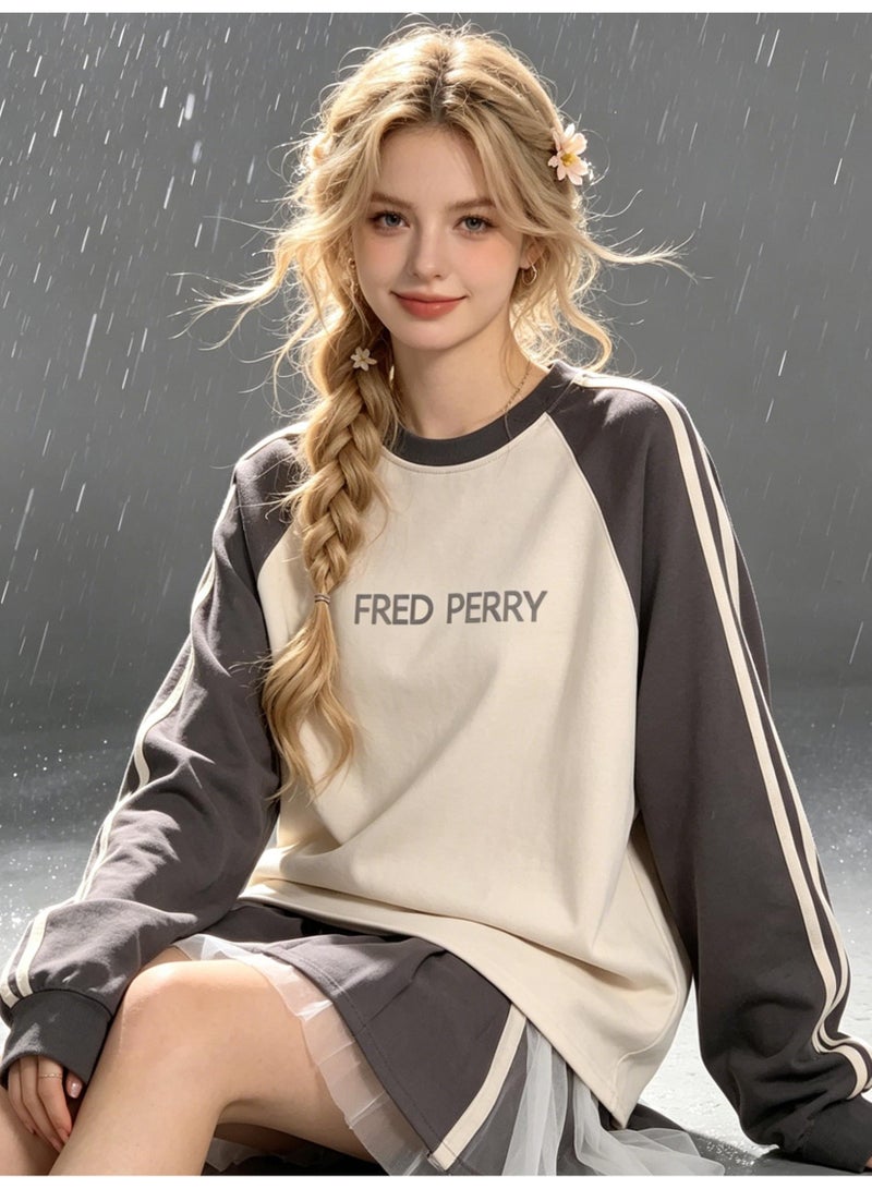 FRED PERRY Sweatshirt with LOGO long-sleeved cotton, casual color matching round neck shirt, striped side details, loose for men and women. - Image 2