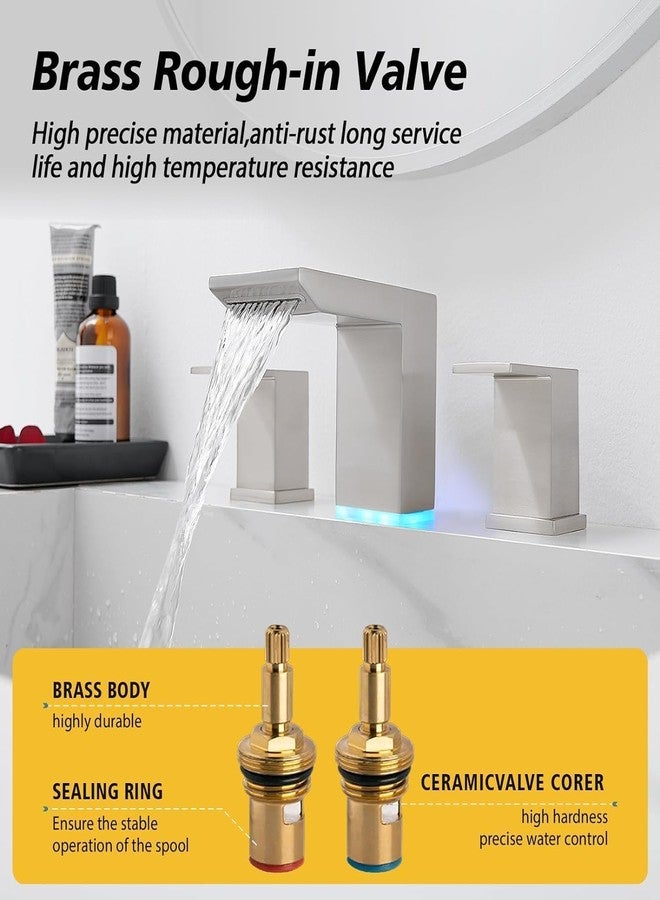 BESy LED Brushed Nickel Square Bathroom Faucets 3 Hole Waterfall 8 Inch Widespread with 3 Colors Light Changing Sink Faucet with Pop-up Drain and Supply Lines 2 Handles for Vanity, Lavatory, Restroom - Image 5