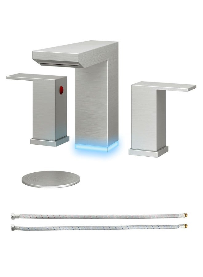 BESy LED Brushed Nickel Square Bathroom Faucets 3 Hole Waterfall 8 Inch Widespread with 3 Colors Light Changing Sink Faucet with Pop-up Drain and Supply Lines 2 Handles for Vanity, Lavatory, Restroom - Image 1