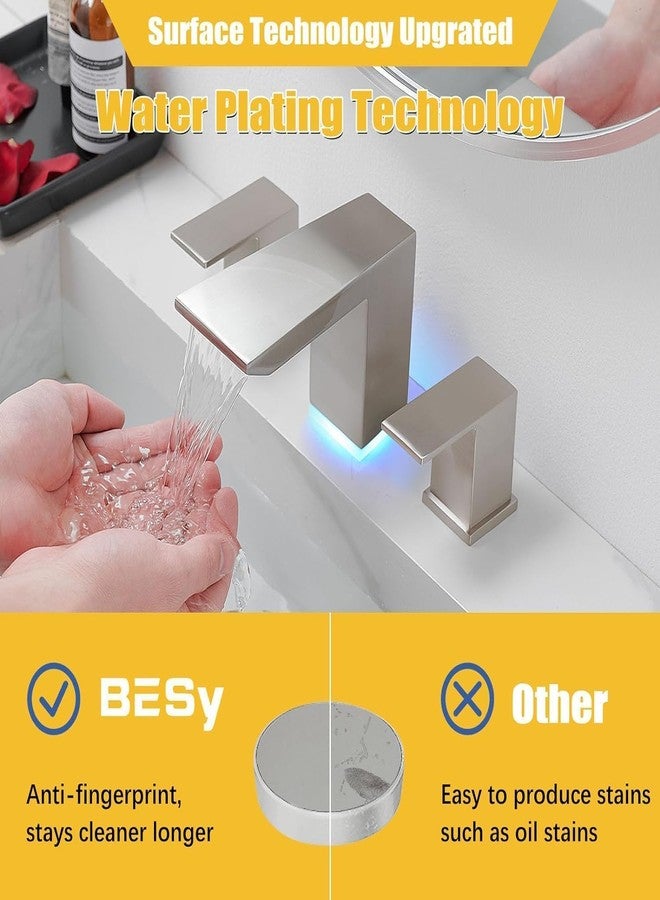 BESy LED Brushed Nickel Square Bathroom Faucets 3 Hole Waterfall 8 Inch Widespread with 3 Colors Light Changing Sink Faucet with Pop-up Drain and Supply Lines 2 Handles for Vanity, Lavatory, Restroom - Image 4
